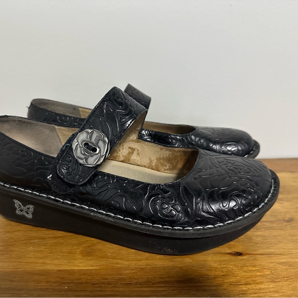 Alegria Black Embossed Mary Jane Sandals